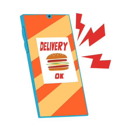 Food Delivery Service, Smartphone with Fast Food Online Ordering App Cartoon Style Vector Illustration on White Backgroundのイラスト素材