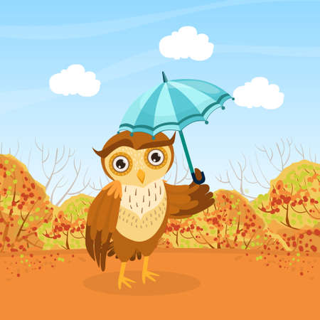 Cute Owl Bird Character Walking with Umbrella in Autumn Day Cartoon Vector Illustrationのイラスト素材