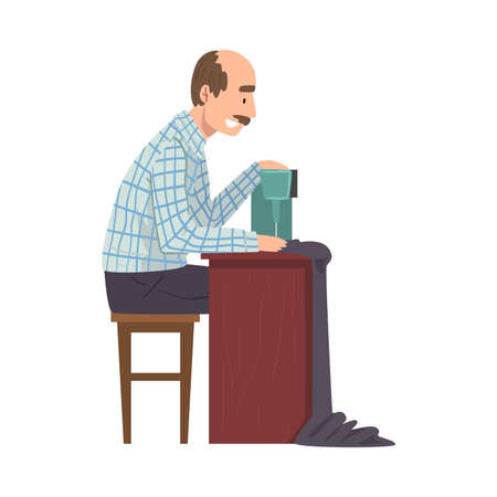 Dressmaker Sewing Clothes by Sewing Machine, Male Clothing Designer Tailor Working at Atelier Vector Illustrationのイラスト素材