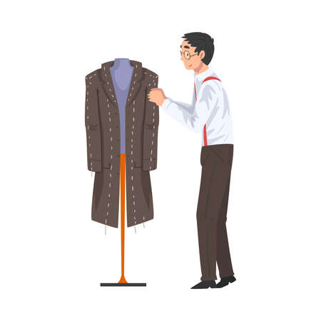 Male Tailor Adjusting Wool Coat on Mannequin, Clothing Designer Tailor Working at Atelier Vector Illustrationのイラスト素材