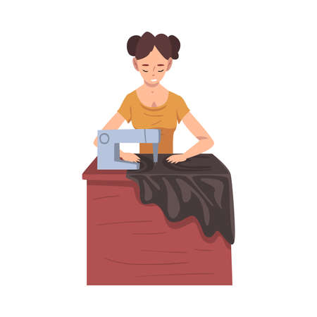 Seamstress Sewing Clothes by Sewing Machine, Female Clothing Designer Tailor Working at Atelier Vector Illustrationのイラスト素材