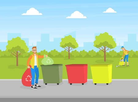 Man Volunteer Collecting and Sorting Waste for Recycling, Concept Vector Illustrationのイラスト素材