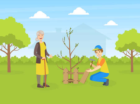 Male Volunteer Helping Elderly Woman in the Garden, Volunteering, Charity, Supporting People Concept Vector Illustrationのイラスト素材