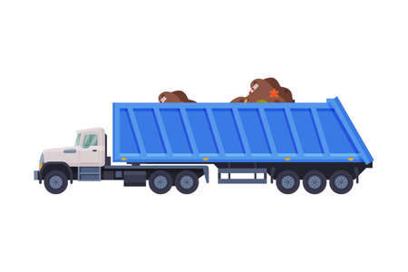 Garbage Truck Carrying Garbage, Urban Heavy Sanitary Vehicle, Waste Recycling Concept Flat Style Vector Illustrationのイラスト素材