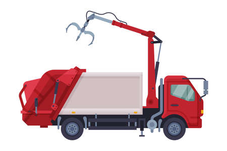 Grapple Garbage Truck Vehicle, Waste Collection, Transportation and Recycling Concept Flat Style Vector Illustrationのイラスト素材