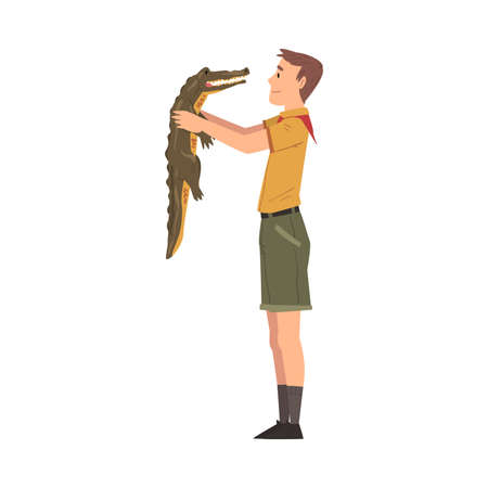Male Zoo Worker holding Little Crocodile, Veterinarian or Professional Zookeeper Character Caring of Wild Animals in Zoo Cartoon Vector Illustrationのイラスト素材