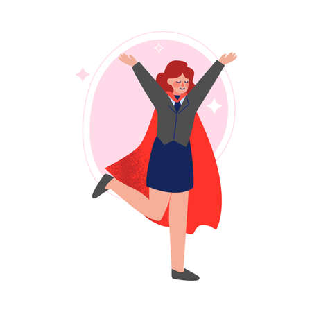 Super Businesswoman in Red Cape Walking with Rising Hands, Successful Superhero Business Character, Leadership, Challenge Goal Achievement Vector Illustrationのイラスト素材