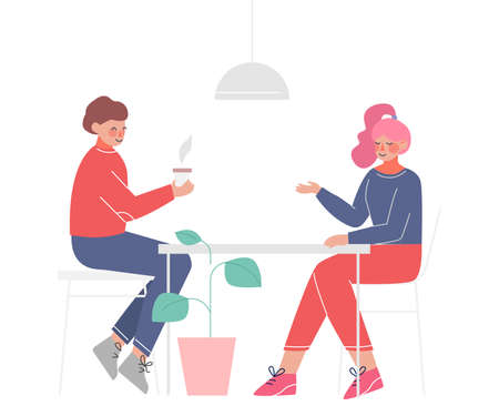 Young Couple Sitting at the Table, Drinking Coffee and Talking, Meeting of Friends or Colleagues Vector Illustration on White Backgroundのイラスト素材