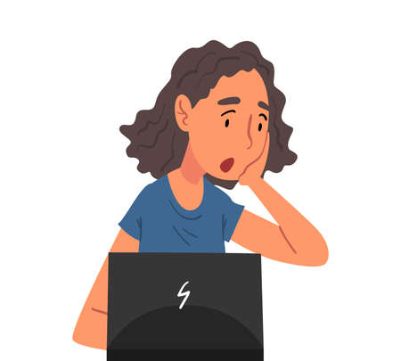 Stressed Female Office Manager Sitting in front of Computer, Surprised Woman Working with Laptop Vector Illustration on White Backgroundのイラスト素材