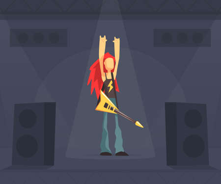 Rock Musician, Male Guitarist Performing on Stage, Rock Band Member Character Cartoon Vector Illustrationのイラスト素材