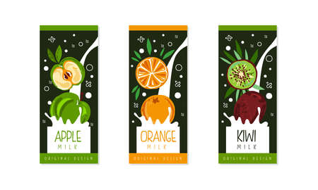 Fruit Milk Packaging Label Design Set, Apple, Orange, Kiwi Natural Organic Fresh Healthy Dairy Products Cartoon Style Vector Illustrationのイラスト素材