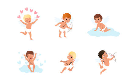 Happy Lovely Cupid Boys Set, Adorable Baby Angels Cartoon Characters with Bow Vector Illustrationのイラスト素材