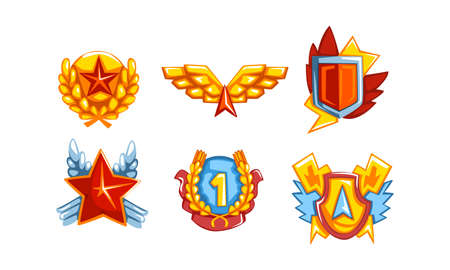 Golden Awards with Wings, Star and Shield Set, Trophy Signs of Sports or Business Achievements Cartoon Style Vector Illustrationのイラスト素材