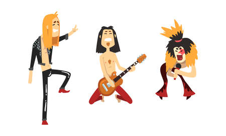 Funny Rock Musicians Characters Set, Heavy Metal Band Members Playing Guitar and Singing Cartoon Style Vector Illustrationのイラスト素材