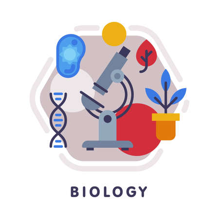Biology School Subject Icon, Education and Science Discipline with Related Elements Flat Style Vector Illustrationのイラスト素材