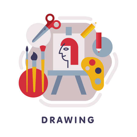 Drawing School Subject Icon, Education and Science Discipline with Related Elements Flat Style Vector Illustrationのイラスト素材