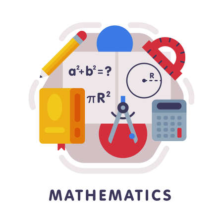 Mathematics School Subject Icon, Education and Science Discipline with Related Elements Flat Style Vector Illustrationのイラスト素材