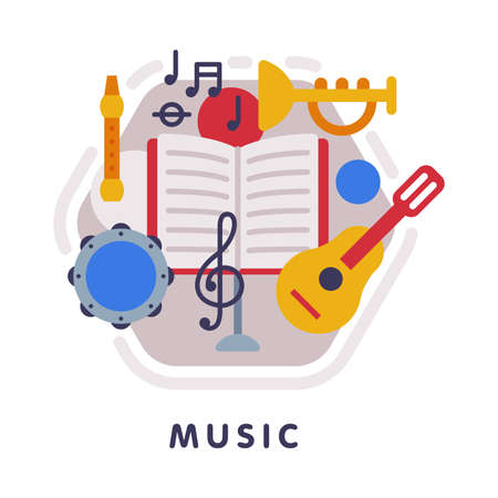 Music School Subject Icon, Education and Science Discipline with Related Elements Flat Style Vector Illustrationのイラスト素材
