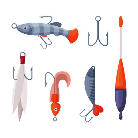 Fishing Lures Set, Artificial Plastic Accessories for Spinning Fishing with Crank bait Lures Cartoon Illustrationのイラスト素材