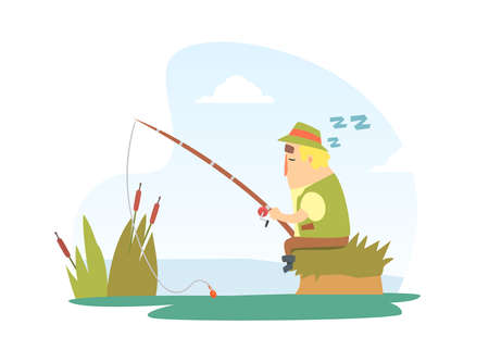 Fisherman Snoozing Sitting on Lake Shore with Fishing Rod Cartoon Vector Illustrationのイラスト素材