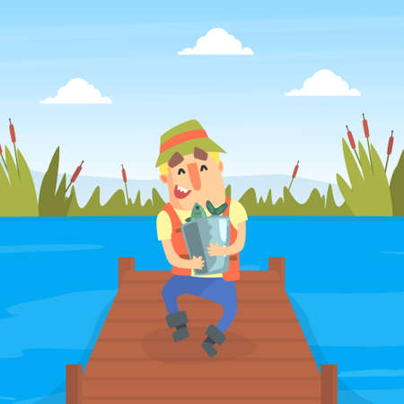 Happy Fisherman Character Standing on Wooden Pier Holding Metal Bucket with Caught Fish Cartoon Vector Illustrationのイラスト素材