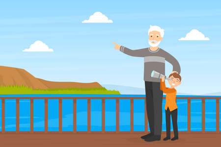 Grandfather Walking with his Grandson in Park, Boy Looking through Spyglass, Elderly Man Spending Time with his Grandchild Cartoon Vector Illustrationのイラスト素材