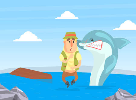 Dolphin Saving Fisherman from Capsized Wooden Boat Cartoon Vector Illustrationのイラスト素材