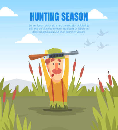 Hunting Season Banner Template with Funny Man Hunter Character Drowning in Swamp Cartoon Vector Illustrationのイラスト素材