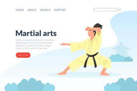 Martial Arts Landing Page Template, Karate, Judo, Taekwondo, Aikido School Website, Homepage Design, Asian Martial Art Fighters Cartoon Illustrationのイラスト素材