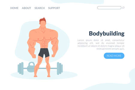 Bodybuilding Landing Page Template with Muscular Strong Man Character, Sport Activity, Healthy Lifestyle Website, Homepage Design Cartoon Vector Illustrationのイラスト素材