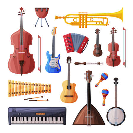 Musical Instruments Set, Cello, Violin, Guitar, Balalaika, Drum, Xylophone, Maracas, Piano Flat Style Vector Illustrationのイラスト素材