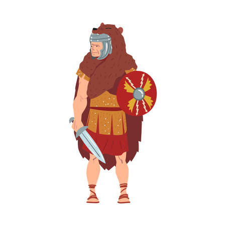 Ancient Rome Warrior, Male Roman Legionnaire or Soldier Character in Bear Skin with Sword and Shield Vector Illustrationのイラスト素材