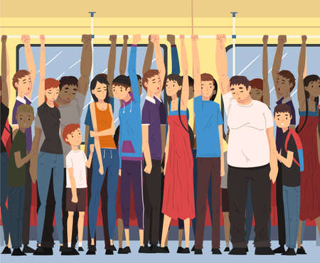 Different People Standing Inside Crowded Subway Holding Handrails, Passengers Using City Public Transport Vector Illustrationのイラスト素材