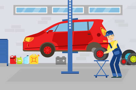 Car Repair Service, Auto Mechanic Character Changing Wheel in Red Car Lifted on Autolifts Vector Illustrationのイラスト素材