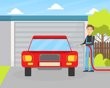 Car Wash Service, Male Worker Character in Overalls Washing Car Vector Illustrationのイラスト素材