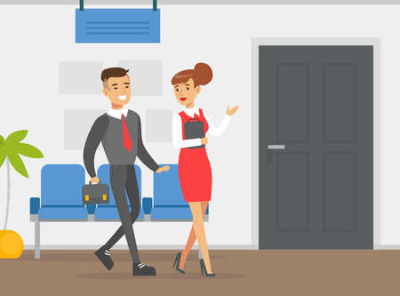 Business Meeting, Bank Manager Servicing and Advising Client in Office, Financial Bank Service Vector Illustrationのイラスト素材