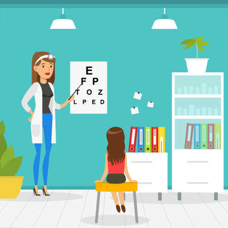Optometrist Checking Girl Eyesight with Test Chart in Office, Doctor Woman Doing Medical Examination of Kid, Medical Service Concept Vector Illustrationのイラスト素材