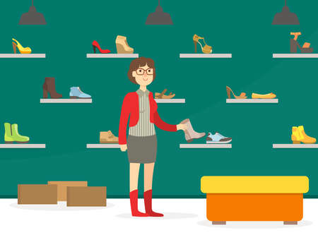 Woman Shopping for Shoes in Footwear Store, Girl Choosing and Buying Footwear in Mall Department Vector Illustrationのイラスト素材