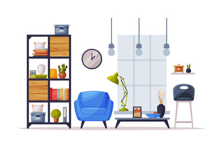 Cozy Room Interior Design with Comfy Furniture and Home Decoration Accessories in Trendy Style, Bookcase, Armchair and Coffee Table in front of Window Vector Illustrationのイラスト素材