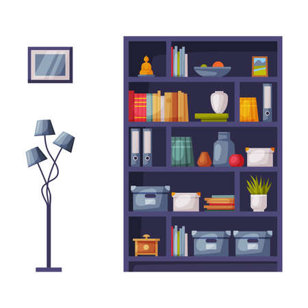 Wooden Bookcase and Lamp, Cozy Room Interior Design, Comfy Furniture and Home Decoration Accessories Vector Illustrationのイラスト素材