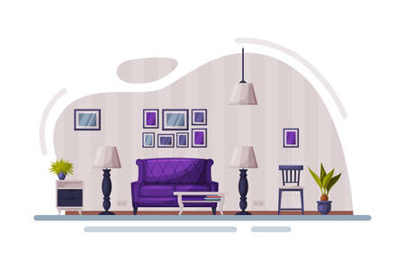 Modern Room Interior Design, Cozy Apartments with Comfy Furniture and Home Decor, Sofa, Coffee Table, Lamps, Hoseplants Vector Illustrationのイラスト素材
