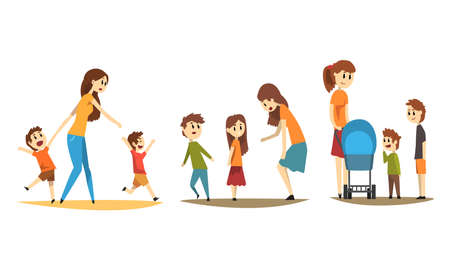 Pretty Mothers Walking with their Little Kids Set, Happy Moms with Naughty Children Cartoon Style Vector Illustrationのイラスト素材