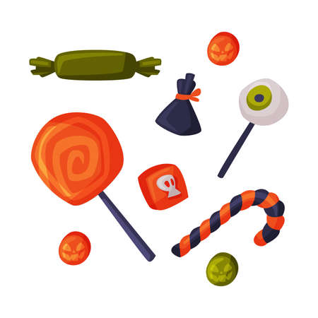 Candies and Sweets Set, Happy Halloween Objects Cartoon Style Vector Illustration on White Backgroundのイラスト素材
