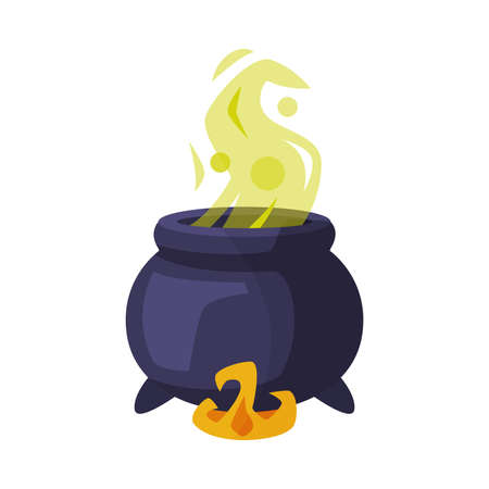 Witch Cauldron with Boiling Green Potion, Happy Halloween Object Cartoon Style Vector Illustration on White Backgroundのイラスト素材