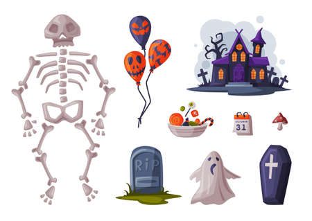 Halloween Symbols Collection, Holiday Party Design Elements, Skeleton, Balloon, Coffin, Gravestone, Castle Cartoon Style Vector Illustrationのイラスト素材
