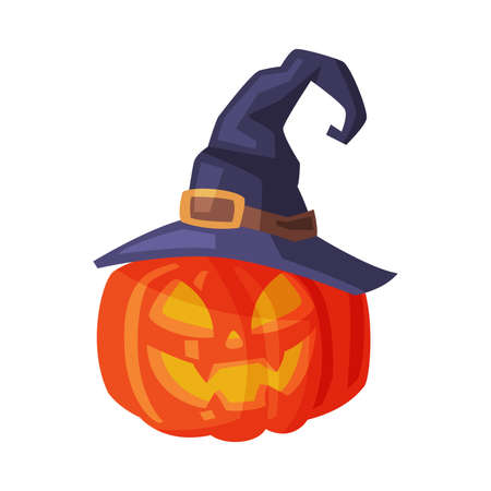 Halloween Scary Pumpkin in Black Witch Hat, Spooky Creepy Vegetable with Smiling Face, Happy Halloween Object Cartoon Style Vector Illustrationのイラスト素材