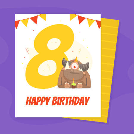 Happy Birthday Banner Template with Funny Monster, Invitation Card for Anniversary with Number Eight Cartoon Vector Illustrationのイラスト素材