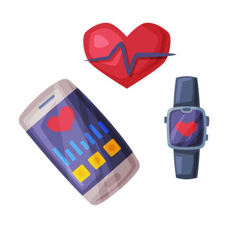 Smartphone and Smartwatch with Fitness Applications for Healthy Lifestyle Cartoon Style Vector...