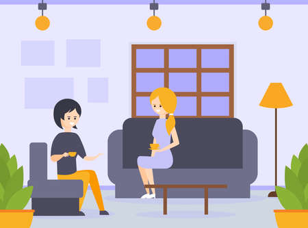 Two Young Women Sitting on Sofas, Drinking Coffee and Talking to Each Other, Expensive Restaurant Interior in Hotel Cartoon Vector Illustrationのイラスト素材
