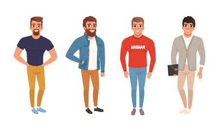 Young Men Dressed in Casual Fashionable Clothes Set, Bundle of Street Style Outfits, Guys Wearing Trendy Apparel Cartoon Style Vector Illustrationのイラスト素材
